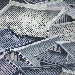 Japanese fabric with traditional houses roofs patterns