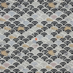 Japanese cotton linen fabric with cats and black and beige waves