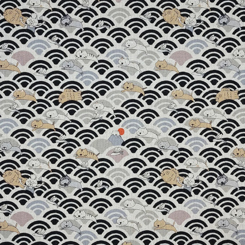 Japanese cotton linen fabric with cats and black and beige waves