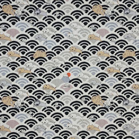 Tissu coton lin chats et vagues noir et beige naturel