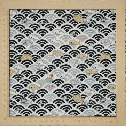 Tissu coton lin chats et vagues noir et beige naturel