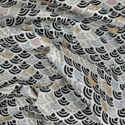 Tissu coton lin chats et vagues noir et beige naturel