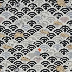 Tissu coton lin chats et vagues noir et beige naturel