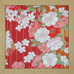 Red Japanese fabric with pink, white and gold cherry blossom patterns