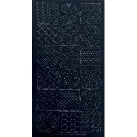 Dark blue sashiko panel with 18 patterns (60x113cm)