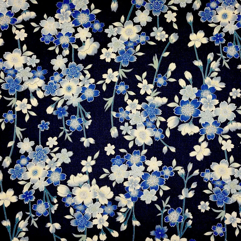 Tissu japonais coton fin bleu nuit fleurs de cerisier
