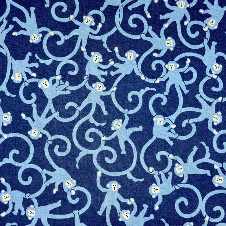 Tissu japonais coton fin bleu nuit singes et arabesques
