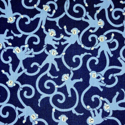 Tissu japonais coton fin bleu nuit singes et arabesques