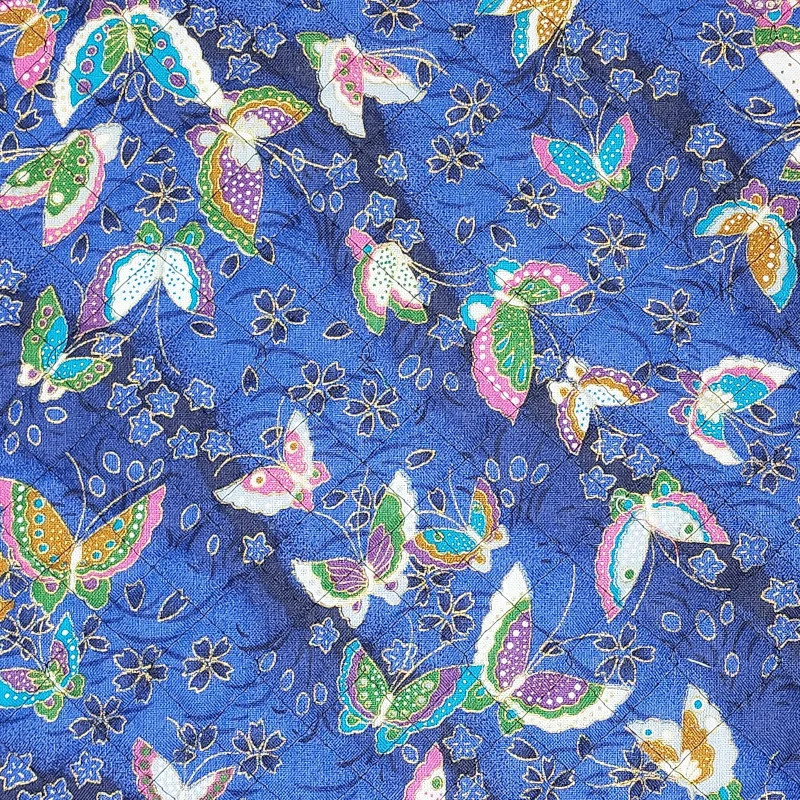 Tissu matelassé japonais bleu papillons sakura doré coton