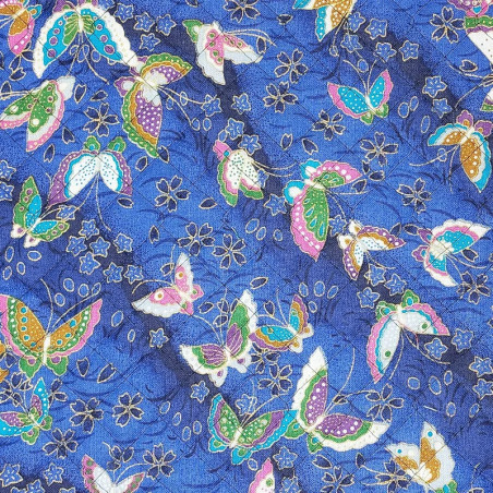 Tissu matelassé japonais bleu papillons sakura doré coton