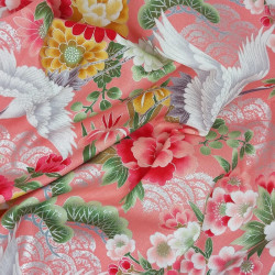 Tissu japonais rose motif grues et fleurs – coton japonais Naka