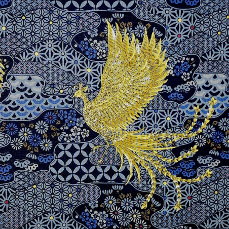 Tissu japonais phénix bleu foncé – coton japonais traditionnel avec touches dorées – fabriqué au Japon