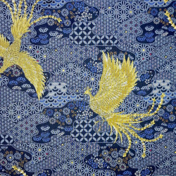 Tissu japonais phénix bleu foncé – coton japonais traditionnel avec touches dorées – fabriqué au Japon