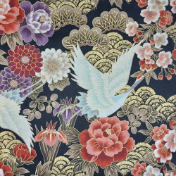 Tissu japonais noir motif grues et fleurs – coton japonais Naka