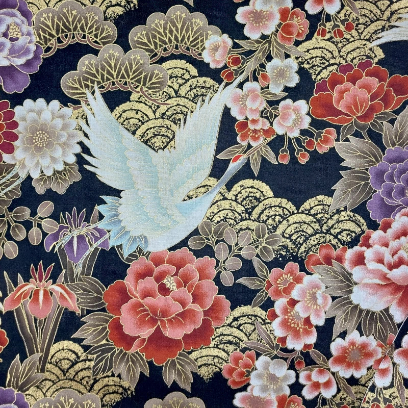 Japanese Black Fabric with Cranes and Flowers – Naka Cotton Fabric