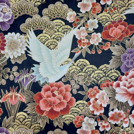 Japanese Black Fabric with Cranes and Flowers – Naka Cotton Fabric