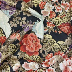 Japanese Black Fabric with Cranes and Flowers – Naka Cotton Fabric