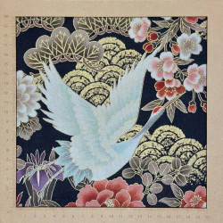Tissu japonais noir motif grues et fleurs – coton japonais Naka