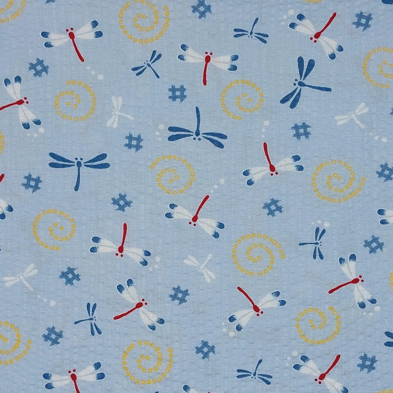 Tissu japonais seersucker bleu ciel – coton 100 % – motifs libellules