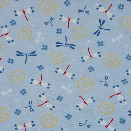 Tissu japonais seersucker bleu ciel – coton 100 % – motifs libellules