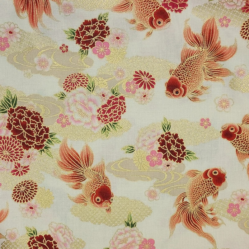 Tissu japonais poissons rouges dorés fond crème – coton Quilt Gate – style traditionnel japonais au mètre