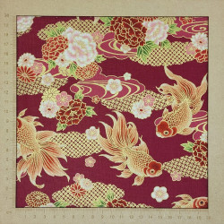 Tissu japonais poissons rouges dorés fond rouge foncé – coton Quilt Gate – style traditionnel japonais au mètre