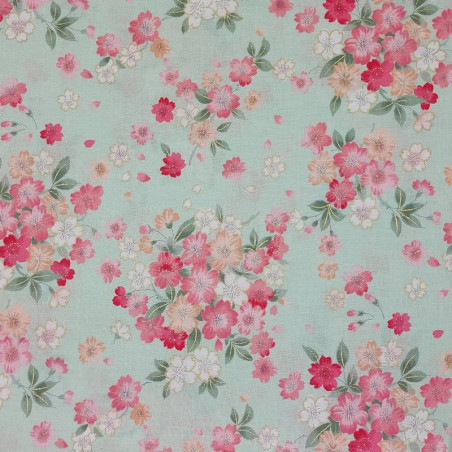 Tissu japonais Kokka vert pastel fleurs de cerisier – coton doré