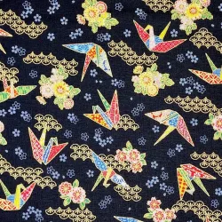 Japanese fabric with origami cranes and flowers on a black background