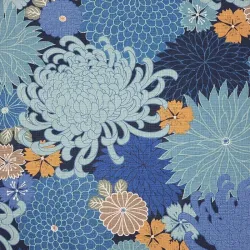Japanese cotton dobby fabric blue and orange color chrysanthemums – traditional Japanese sewing fabric