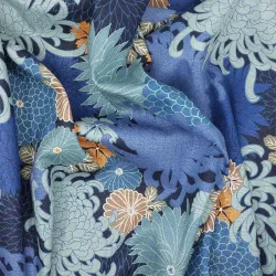 Japanese cotton dobby fabric blue and orange color chrysanthemums – traditional Japanese sewing fabric