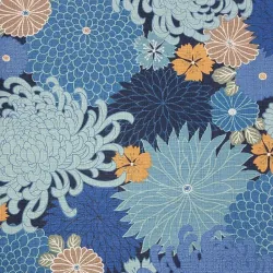 Tissu japonais coton dobby bleu et orange chrysanthèmes – tissu couture japonais