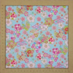 Light blue fabric with pink cherry blossom – Traditional Japanese Cotton Fabric with Gold Accents – Made in Japan