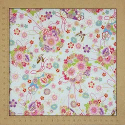 Tissu japonais blanc fleurs, éventails et papillons - coton