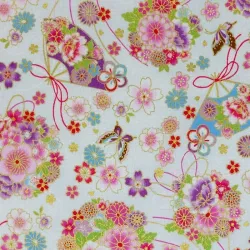 Japanese Cotton Fabric White Floral, Fans & Butterflies