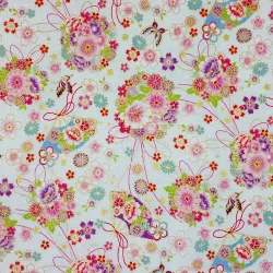 Japanese Cotton Fabric White Floral, Fans & Butterflies