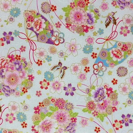 Tissu japonais blanc fleurs, éventails et papillons - coton