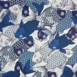 Japanese Cotton Fabric Blue Koi Fish Retro Design - Sevenberry
