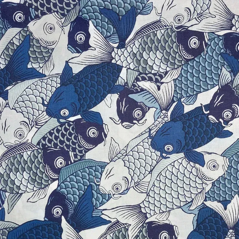 Japanese Cotton Fabric Blue Koi Fish Retro Design - Sevenberry