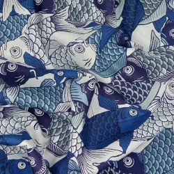 Japanese Cotton Fabric Blue Koi Fish Retro Design - Sevenberry