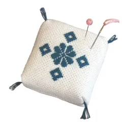 Kogin embroidery kit - Dark blue pincushion on creme white fabric