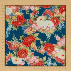 Tissu japonais bleu de prusse à fleurs rouges et argentées – Coton imprimé Naka au mètre