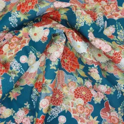 Tissu japonais bleu de prusse à fleurs rouges et argentées – Coton imprimé Naka au mètre