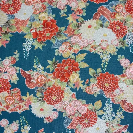 Duck blue fabric with red and silver flowers