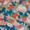 Tissu japonais bleu de prusse à fleurs rouges et argentées – Coton imprimé Naka au mètre