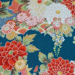 Tissu japonais bleu de prusse à fleurs rouges et argentées – Coton imprimé Naka au mètre