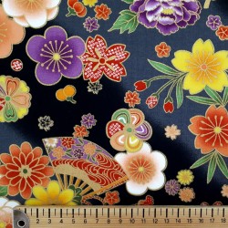 Tissu gris et noir avec éventails fleurs et doré