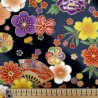 Tissu gris et noir avec éventails fleurs et doré
