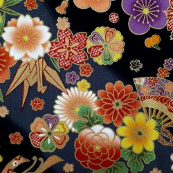 Tissu gris et noir avec éventails fleurs et doré