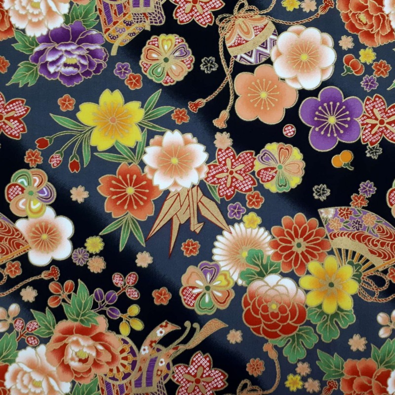 Tissu gris et noir avec éventails fleurs et doré