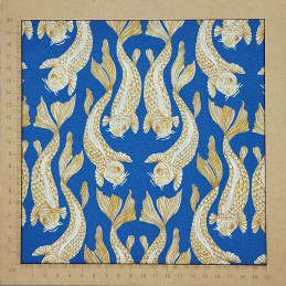 Tissu bleu roi carpes jaune ocre